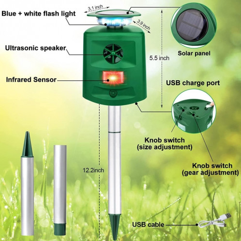 SK698 Répulsif pour animaux à énergie solaire Répulsif pour oiseaux à lumière stroboscopique à 360 degrés Répulsif à ultrasons pour rats (vert) SH101A286-09