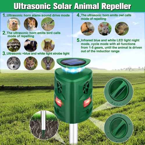 SK698 Répulsif pour animaux à énergie solaire Répulsif pour oiseaux à lumière stroboscopique à 360 degrés Répulsif à ultrasons pour rats (vert) SH101A286-09