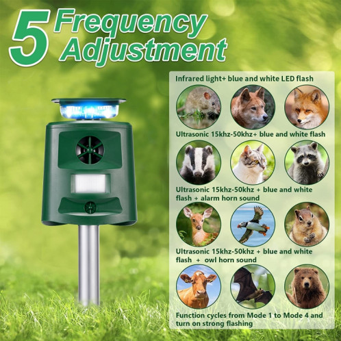 SK698 Répulsif pour animaux à énergie solaire Répulsif pour oiseaux à lumière stroboscopique à 360 degrés Répulsif à ultrasons pour rats (vert) SH101A286-09