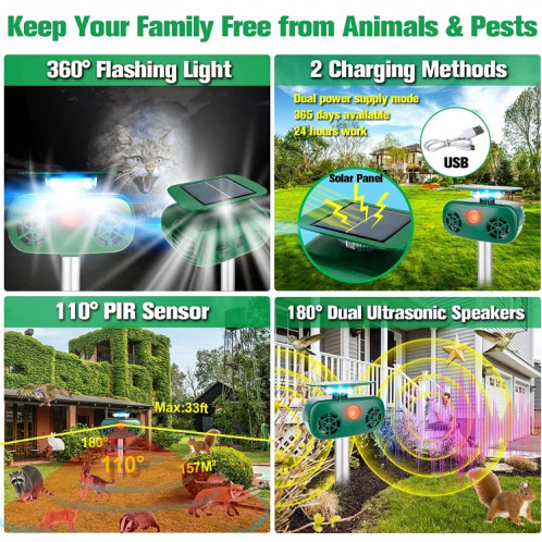 SK628 Répulsif pour animaux à énergie solaire Répulsif pour oiseaux à lumière stroboscopique à 360 degrés Répulsif à ultrasons pour rats (vert) SH901A719-012