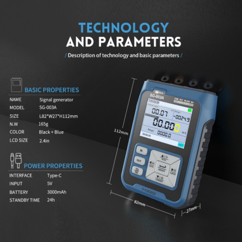FNIRSI SG-003A Générateur de Signal PWM Multifonctionnel Calibrateur de Courant de Tension 4-20ma, Prise EU (Bleu) SF801A1259-015