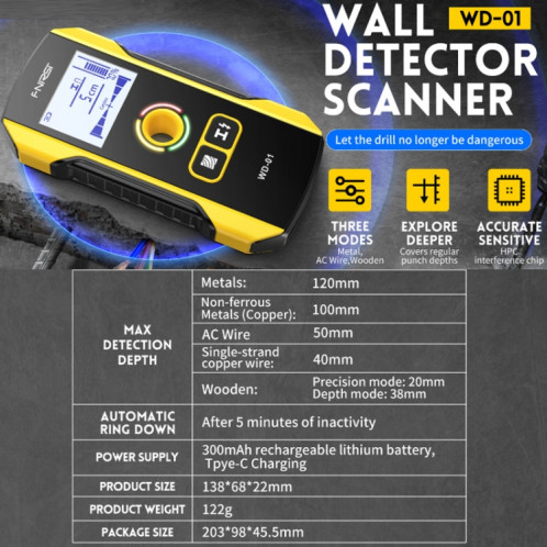 FNIRSI WD-01 Détecteur de métaux à fil mural multifonctionnel Scanner de lignes sombres SF5643722-014