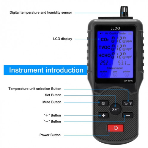 JD-3002 Détecteur complet d'humidité et de température de qualité de l'air au dioxyde de carbone (480 g) SH001A1671-07