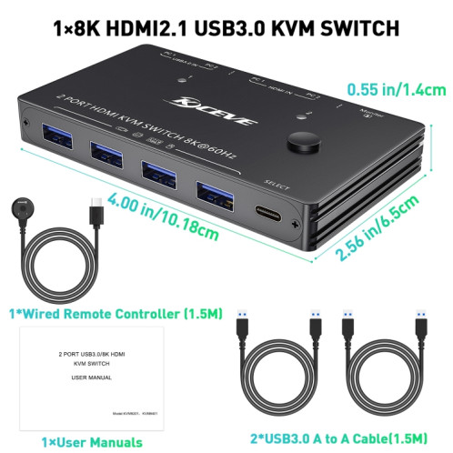 KC-KVM8201 Commutateur USB3.0 Imprimante à disque U Deux ordinateurs pour partager le commutateur KVM HDMI 8K (Noir) SH301A1833-09