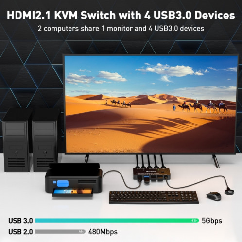 KC-KVM8201 Commutateur USB3.0 Imprimante à disque U Deux ordinateurs pour partager le commutateur KVM HDMI 8K (Noir) SH301A1833-09