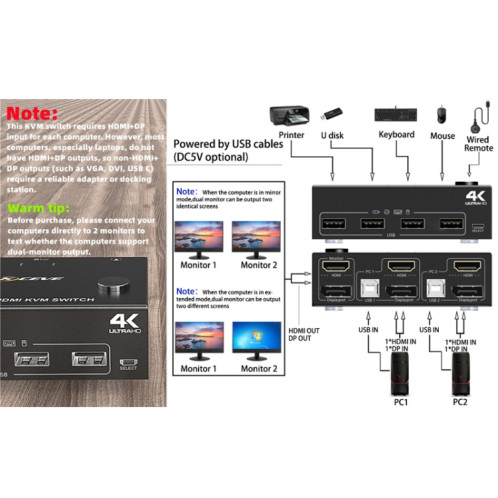 202DH DP HDMI Dual Channel KVM Switch Ordinateur Hôte DP Interface Clavier Souris Partage d'affichage(Noir) SH101A1088-06