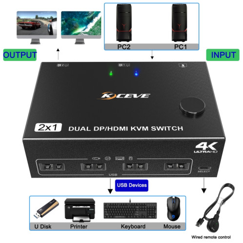 202DH DP HDMI Dual Channel KVM Switch Ordinateur Hôte DP Interface Clavier Souris Partage d'affichage(Noir) SH101A1088-06