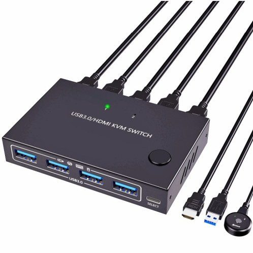 KC-KVM201A 2 en 1 sortie 4K 60HZ HDMI KVM Commutation USB3.0 Imprimante partagée en forme d'ordinateur Disque U (Noir) SH301A1686-08