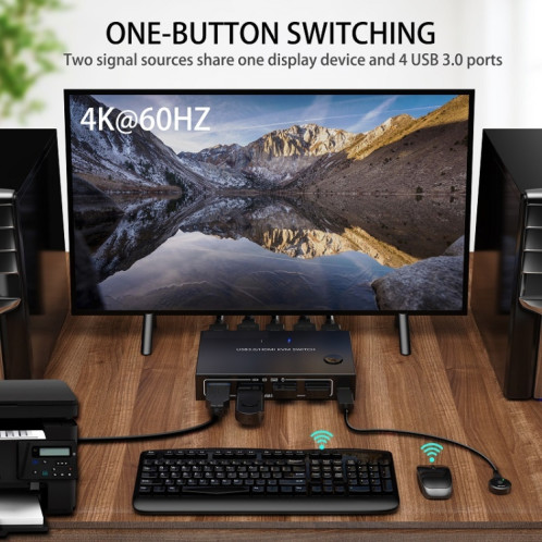 KC-KVM201A 2 en 1 sortie 4K 60HZ HDMI KVM Commutation USB3.0 Imprimante partagée en forme d'ordinateur Disque U (Noir) SH301A1686-08