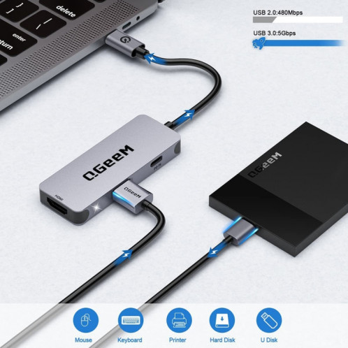 QGeeM UH03-1 USB3.0 Station d'accueil multifonctionnelle Type-C PD100W HUB (3 en 1) SQ401A1503-06