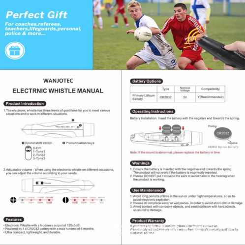 WANJOTEC EW001 Sifflet électronique d'entraîneur d'arbitre d'entraînement extérieur à grand volume, couleur : noir SW53011537-09