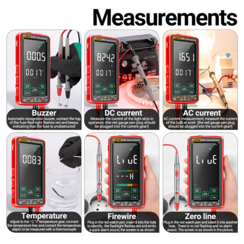 Multimètre rechargeable à plage automatique à écran tactile intelligent ANENG 683 (rouge) SA801A1886-011