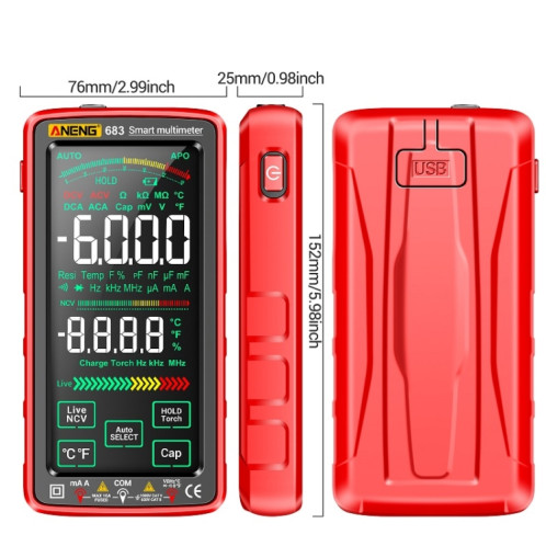 Multimètre rechargeable à plage automatique à écran tactile intelligent ANENG 683 (rouge) SA801A1886-011