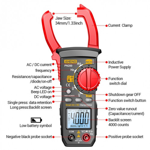 Pince ampèremétrique multifonctionnelle de haute précision de mesure AC/DC ANENG PN200 (rouge) SA401A74-011