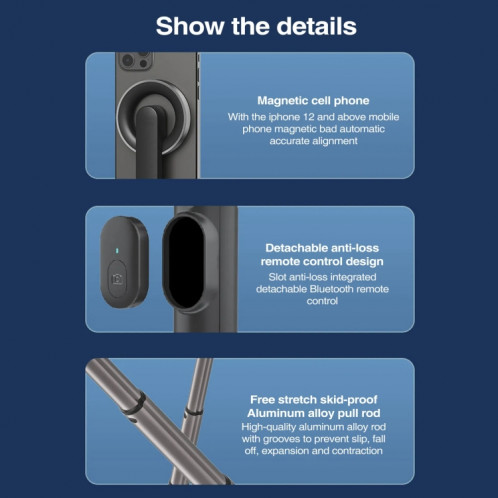 Trépied magnétique pour perche à selfie, tige stabilisatrice portative avec télécommande (blanc) SH901A217-011