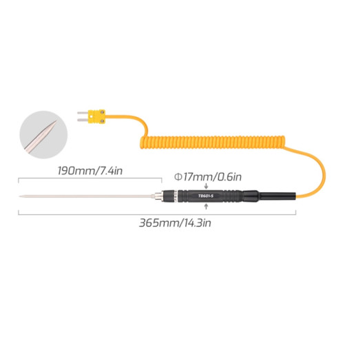 TASI TB601-5 Sonde liquide à aiguille pointue Sonde de type K Utilisation avec thermomètre ST07051894-07