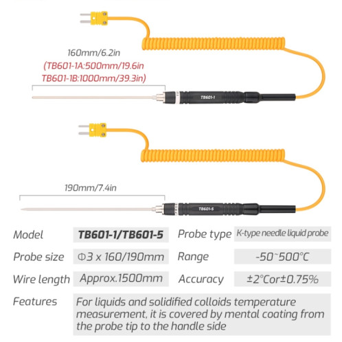 TASI TB601-5 Sonde liquide à aiguille pointue Sonde de type K Utilisation avec thermomètre ST07051894-07