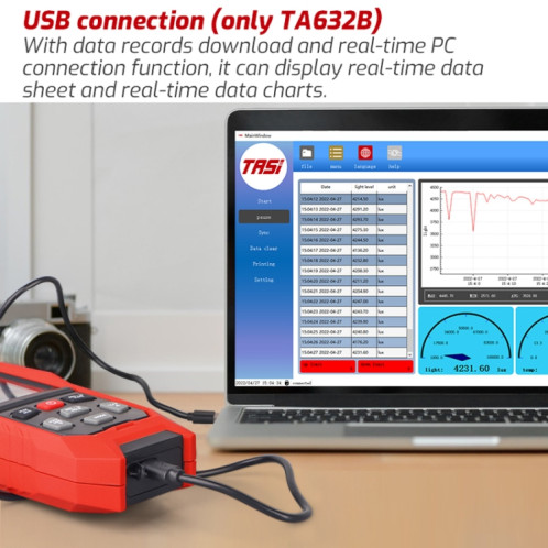 TASI TA632B Connexion USB à un ordinateur Compteur d'éclairement numérique Testeur de luminosité Compteur de luminosité ST57021887-012