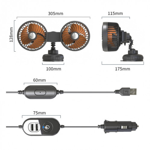 F6026 Ventilateur à double tête monté sur véhicule à grande ventouse, modèle : allume-cigare avec USB SH80021153-010