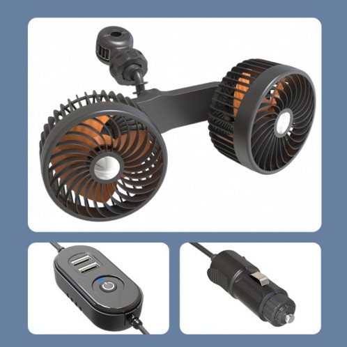 F6207 Ventilateur à double tête USB à fermeture éclair pour siège arrière de voiture, modèle : allume-cigare avec USB SH190225-012