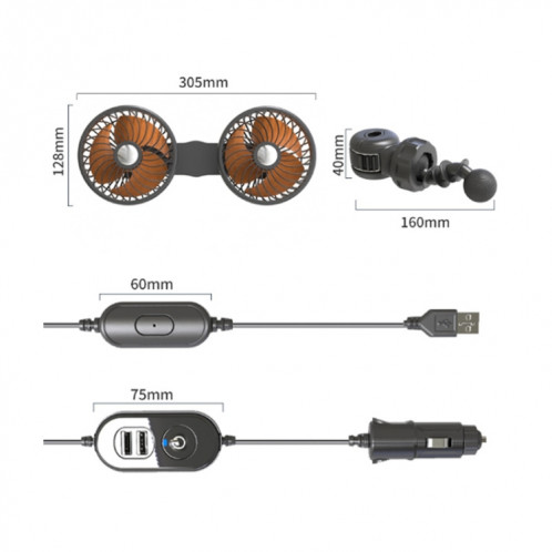 F6207 Ventilateur à double tête USB à fermeture éclair pour siège arrière de voiture, modèle : USB SH19011315-012