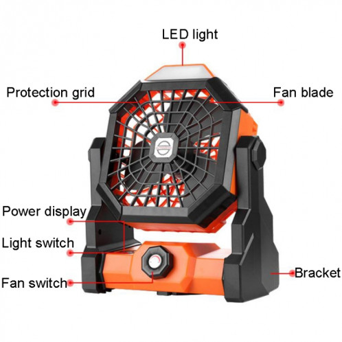 Grand ventilateur d'éclairage de camping portable à vitesse infiniment variable pour l'extérieur (noir orange) SH901A1731-013