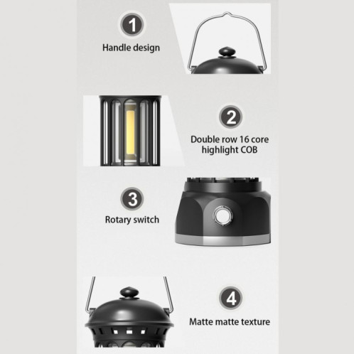 Rechargeable COB Portable Outdoor Camping Lamp Atmosphere Tent Lamp Retro Lamp, Taille: Large Black SH6416560-08