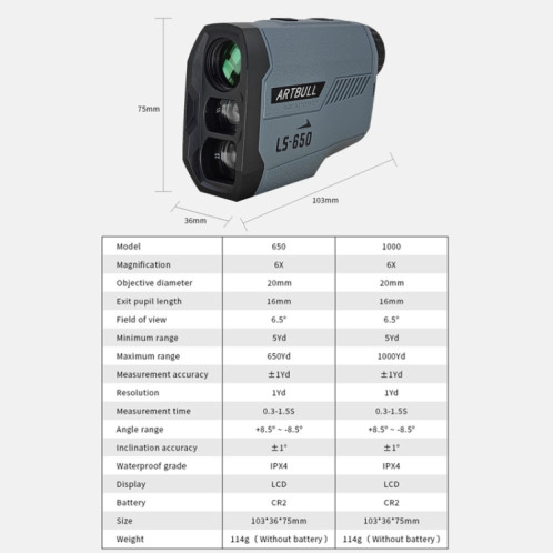 ARTBULL LS-650 Télémètre laser de golf extérieur 650 m télescope altimètre SA703273-014