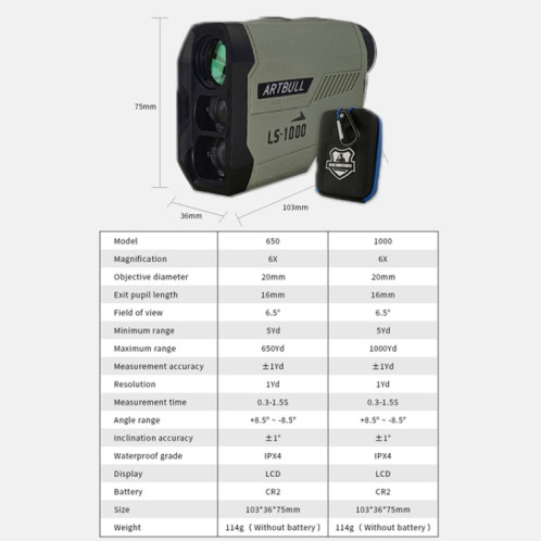 ARBULL LS-1000 Golf Télémètre Extérieur Altimètre Goniomètre Télescope SA7070650-014