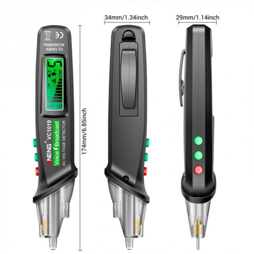 ANENG VC1019 stylo électrique à induction sans contact stylo de test vocal de point d'arrêt de détection de ligne de haute précision (noir) SA701A321-012