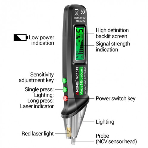 ANENG VC1019 stylo électrique à induction sans contact stylo de test vocal de point d'arrêt de détection de ligne de haute précision (noir) SA701A321-012