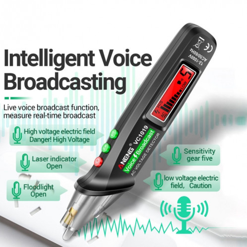 ANENG VC1019 stylo électrique à induction sans contact stylo de test vocal de point d'arrêt de détection de ligne de haute précision (noir) SA701A321-012