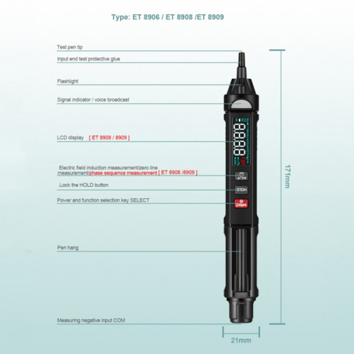 WinAPEX ET8908 Multimètre numérique Stylo de test de tension Testeur de capacité Diode NVC Testeur SW2802999-014