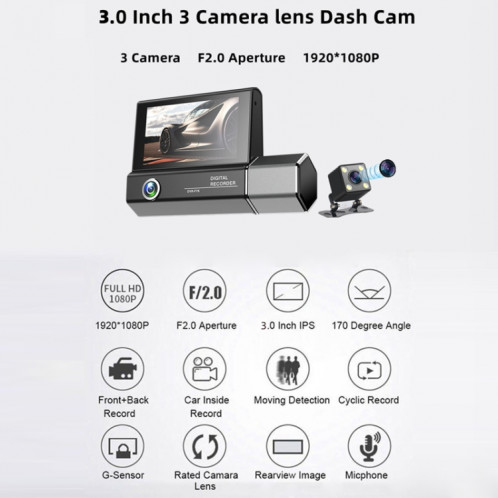 Enregistreur de conduite multilingue HD 1080P à 3 objectifs SH7677609-015