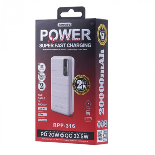 Remax RPP-316 20000mAh 20W+22.5W PD+QC Alimentation Mobile à Charge Rapide (Blanc) SR601A1699-012