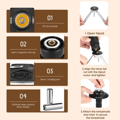WEST BIKING Phare d'extérieur Lampe de camping LED Lampe de poche d'urgence magnétique portable (Noir) SW601A1547-012