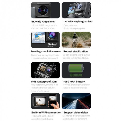 5K / 30FPS WIFI HD Anti-Shake Remote Touch Dual-Screen IP68 Caméra de sport étanche, Style: Noir SH7801843-016