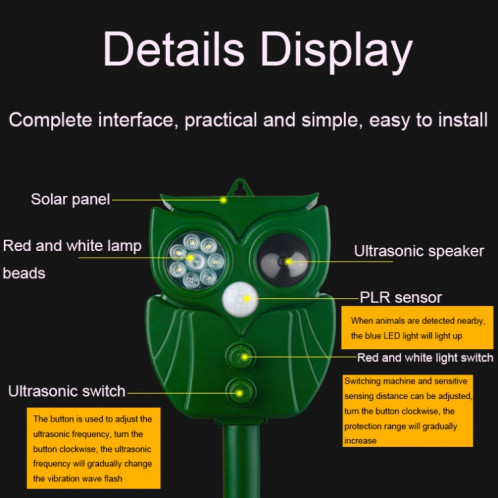 Répulsif solaire à ultrasons pour rats 14LED Répulsif à capteur infrarouge multifonctionnel extérieur SH22041144-011