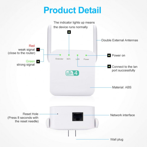 Amplificateur Wi-Fi 2.4G 300M, répéteur WiFi longue portée, Booster de Signal sans fil, prise ue, noir SH20051654-08