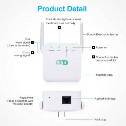 Amplificateur Wi-Fi 2.4G 300M, répéteur WiFi longue portée, Booster de Signal sans fil, prise ue, blanc SH20021673-08