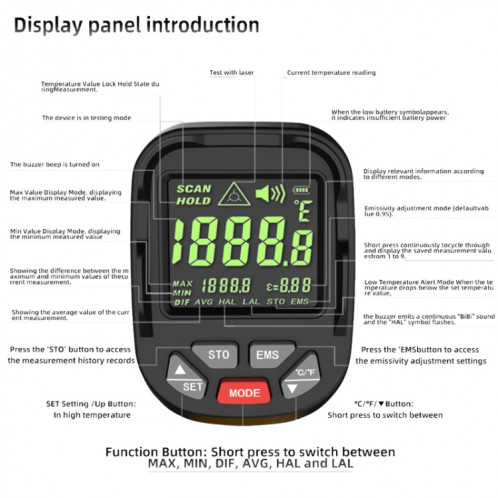 Thermomètre infrarouge haute température BSIDE H3 Thermomètre portable sans contact SB104982-011