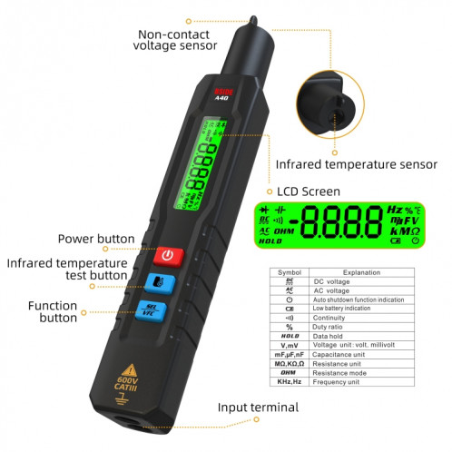 BSIDE A40 thermomètre infrarouge Type de stylo électrique multimètre Intelligent VFC testeur de tension d'inverseur (anglais sans batterie) SB201A1112-014