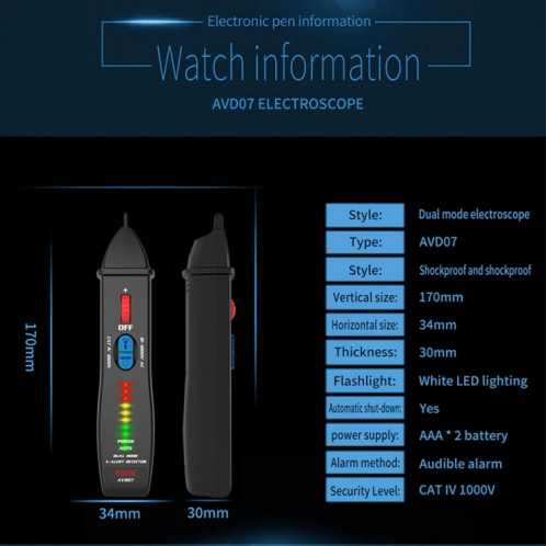 BSIDE AVD07 stylo électrique intelligent double Mode testeur de tension ca à détection de point de rupture sans Contact SB1099780-017