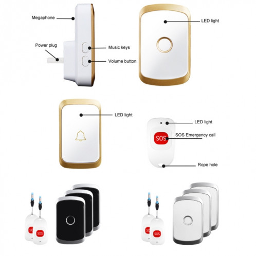 CACAZI C20 téléavertisseur sans fil deux à trois pour les soins à domicile des personnes âgées téléavertisseur d'urgence étanche, prise ue (or) SC501A167-010