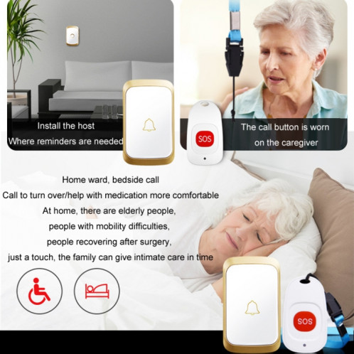 CACAZI C20 téléavertisseur sans fil deux à trois pour les soins à domicile des personnes âgées téléavertisseur d'urgence étanche, prise ue (or) SC501A167-010