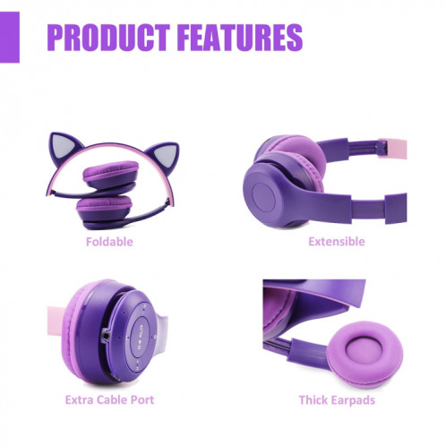 Casque sans fil Bluetooth de jeu oreilles de chat émettant de la lumière LED P47M (noir) SH301B1412-07