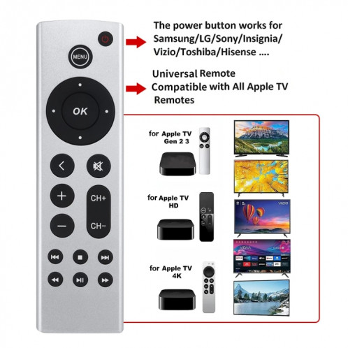 Pour télécommande Apple TV 4K / HD A2169 A1842 A1625 sans voix (argent) SH701A205-06