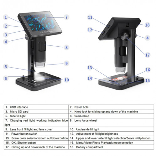 Microscope numérique électronique HD, écran de 5 pouces, touche tactile, loupe électronique à cellules biologiques 8000X SH3782774-013