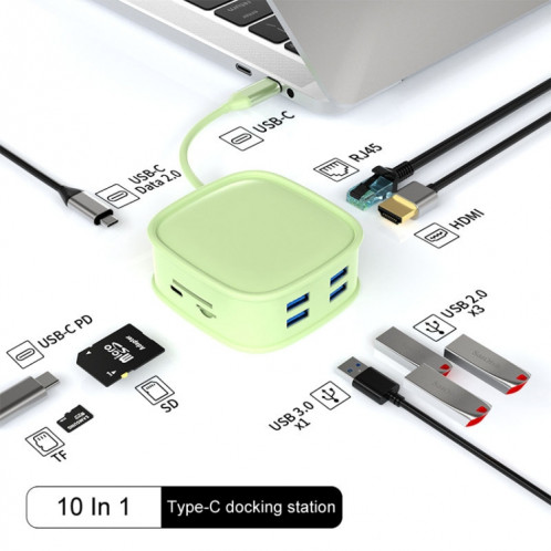 Station d'accueil BS10H 10 en 1 de type C, hub USB multifonction, port Ethernet 100 Go (vert) SH301A798-013