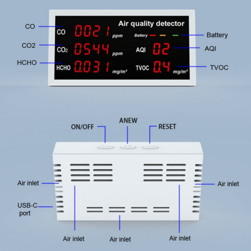 Moniteur d'air portable d'intérieur 5 en 1, détecteur de formaldéhyde TVOC (W17 blanc) SH301A1339-08